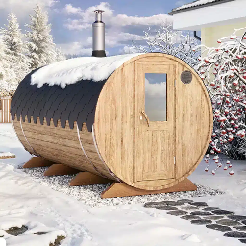 4m-for-4-6-persons-Two-room-Outdoor-Sauna-factory.sale_ “4m” S4 Two-room barrel sauna for 4-6 persons - Image 1