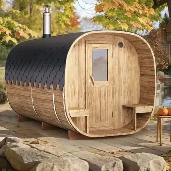 “4m” SQR4PV Cube barrel sauna with dressing room and outside seats for 4 persons