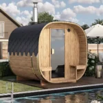 “2.4m” SQR2V Cube barrel sauna with outside seats 2.4m for 4 persons