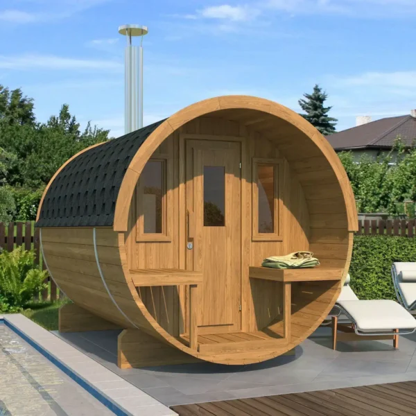 “Ehala 280” barrel sauna – 2.8m, from thermowood with outdoor seating