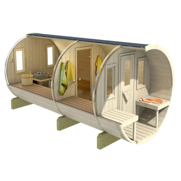 “Ehala 400” barrel sauna – 4m, with changing room and outdoor seating
