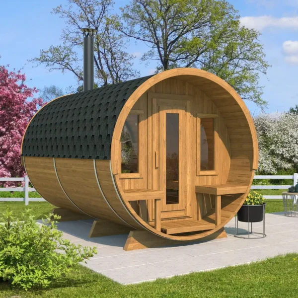 “Ehala 400 deluxe” barrel sauna – 4m, from thermowood with half-moon back window, changing room, and terrace