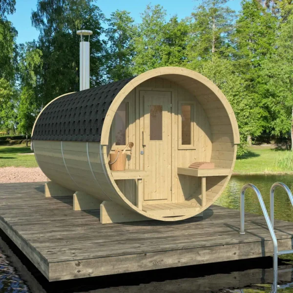 “Ehala 400 deluxe” barrel sauna – 4m, with half-moon back window, changing room, and terrace