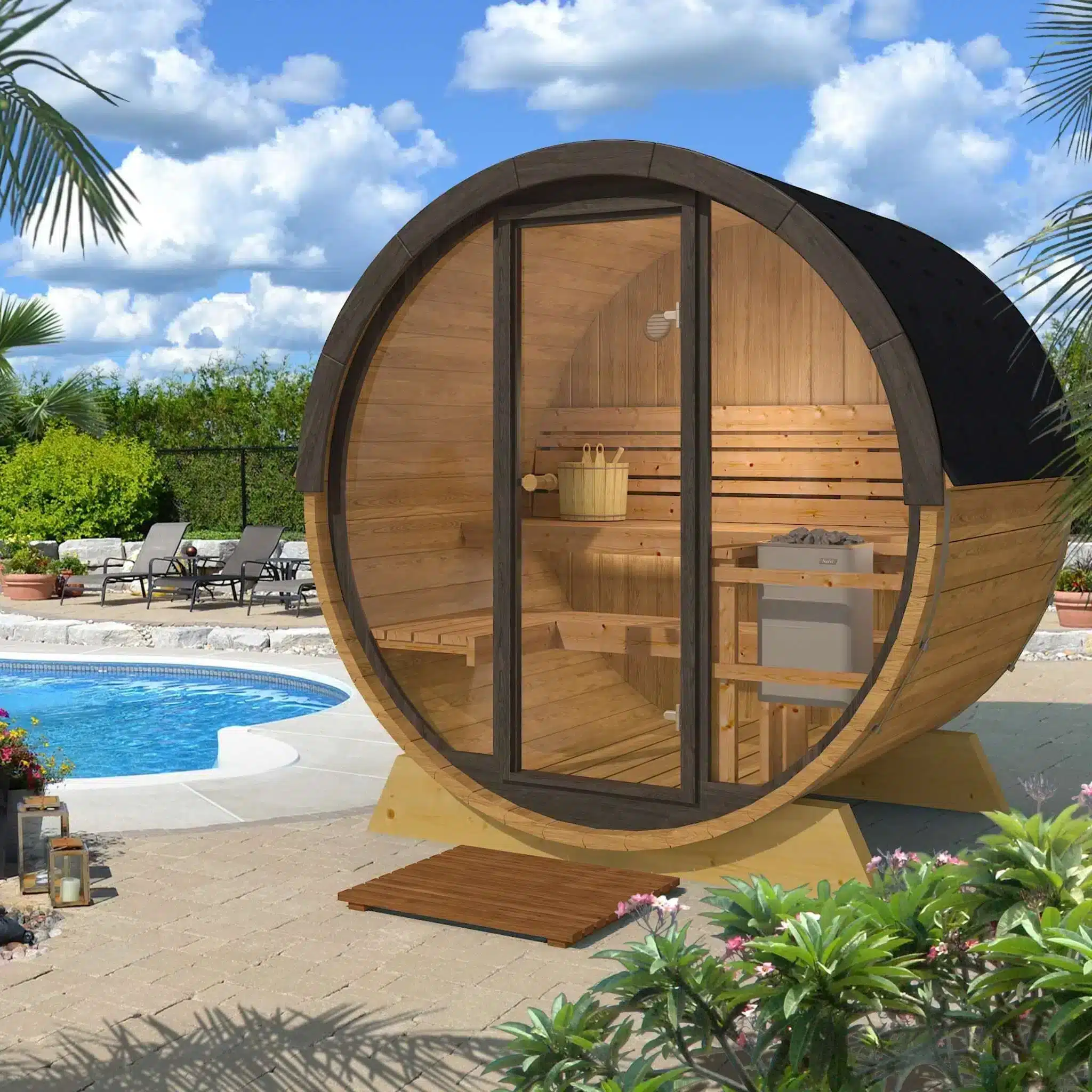Ehala-Pool-barrel-sauna-1.6-m-factory-sale “Ehala pool” barrel sauna 1.6m from thermowood with full glass front wall - Image 1