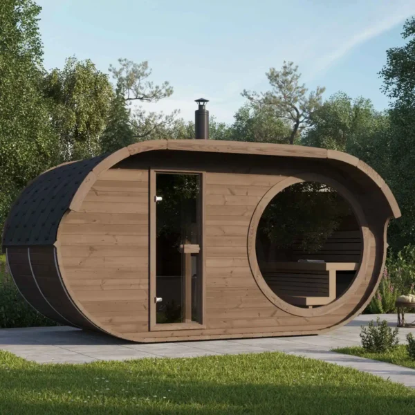 “Tapio” sauna 4 x 2.4m from thermowood with large window and changing room