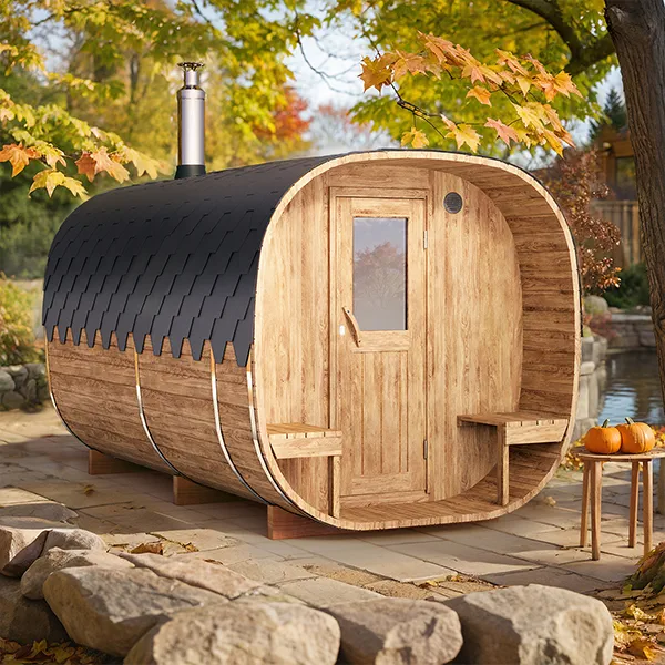 4m for 4 persons Cube Barrel Sauna with dressing room and outside seats (SQR4PV)